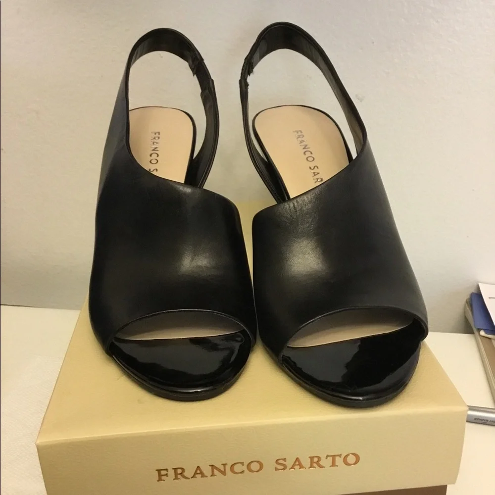 FRANCO SARTO Women’s Tahoe Leather Black Peep Toe Slingback Wedges Size 8M New.